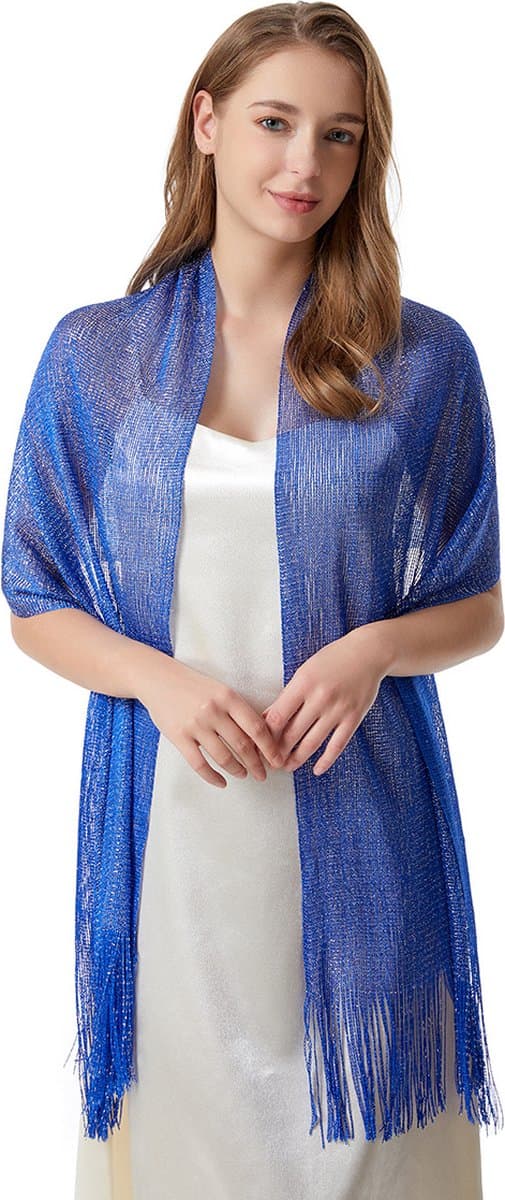 Heldräkt - Blå (175 x 45 cm) Sjal - Damshawl med tofsar