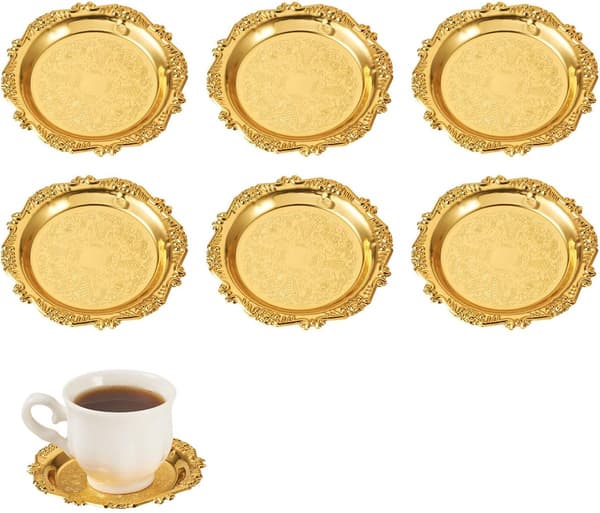 Präglad rund mini dekorativ bricka, set om 6, 10×10×1cm, för bröllopsfester, desserter och aromaterapi, guld.