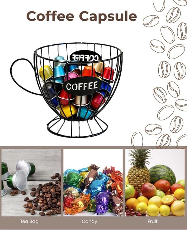 Frukt- och snackskorg formad som en kaffekopp, förvaring för kök och café, svart.