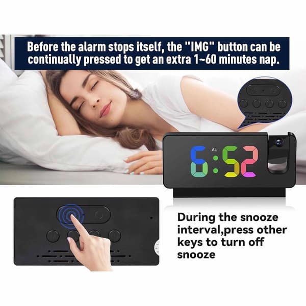 Digital projektorväckarklocka för sovrum, dubbla väckarklockor med snooze-funktion, USB-driven, lämplig för nattduksbord, svart.