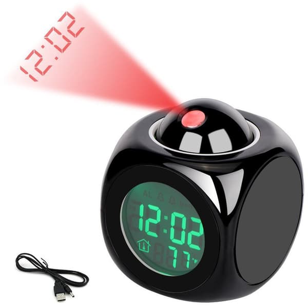 Digital LED-projektionsväckarklocka med röstfunktion och temperaturvisning för sovrummet