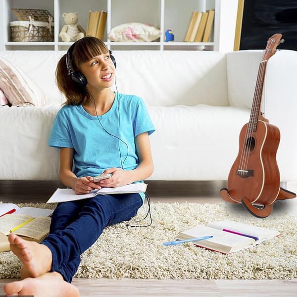 Gitarrställ, ukulele-ställ i trä, ukulele-ställ lämpligt för mandoliner, fioler och mindre utrustning (ej lämpligt för gitarrer)