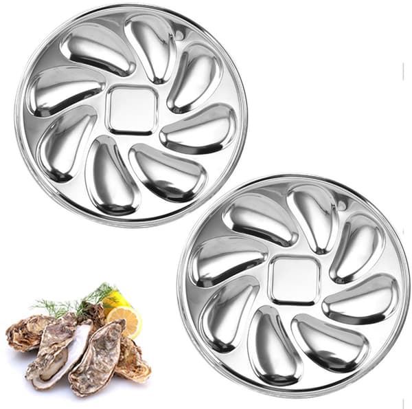Skålset i rostfritt stål format som ostronskal, 23×23 cm, för servering av skaldjursdesserter, silver.
