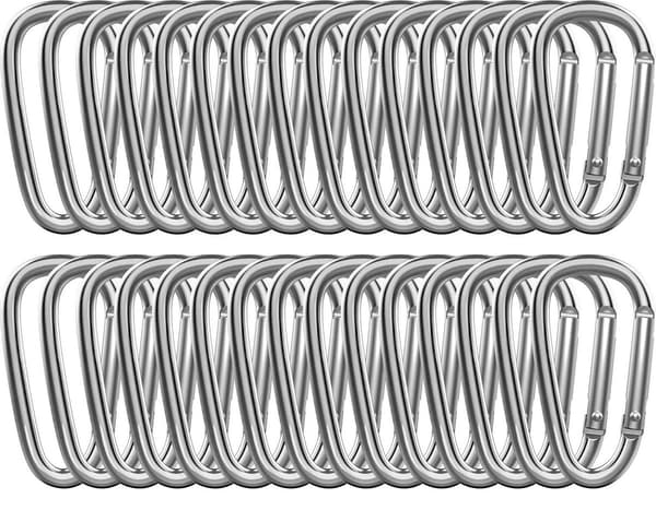 20-pack D-typ aluminiumkarbinhakar, 7.2×3.8×0.5cm, för utomhuscamping, silver.