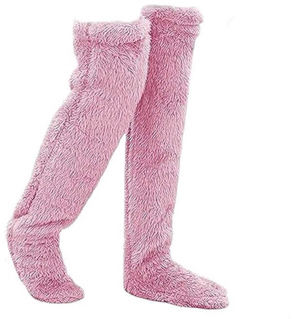 Damfleece over-the-knee strumpor, ett par, vinter höga varma benvärmare, rosa.
