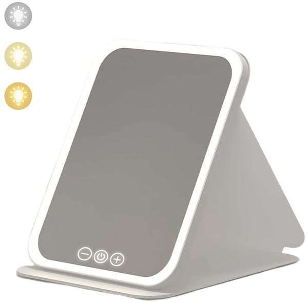 Vikbar uppladdningsbar LED-sminkspegel, 18,5×14,5 cm, trefärgad belysning för resor och hemmabruk, vit.