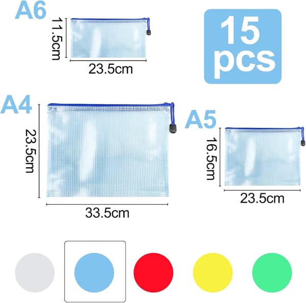 Dokumentväskor med dragkedja - 15-pack, vattentätt PVC-nät, för kontor och dokumentförvaring