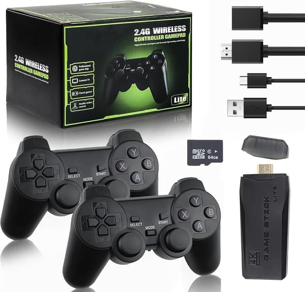 2024 ny retro spilkonsol, 20.000+ spil, 4K HDMI-interface, inkluderer 2 trådløse controllere (sort) Black 64GB
