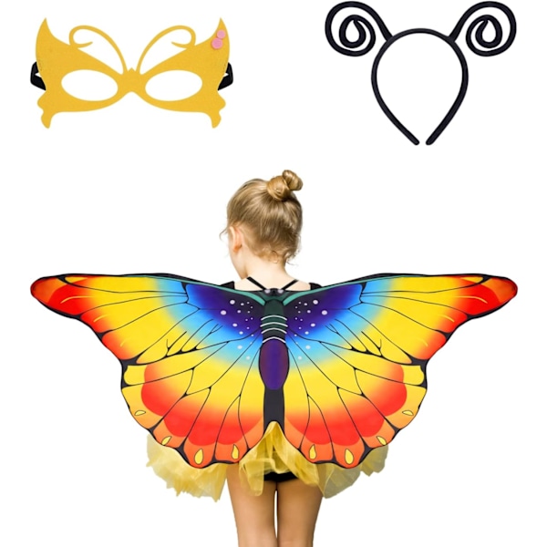 Kids Butterfly Wings Costume, 3-Piece Fairy Set with Rainbow Wings for Parties