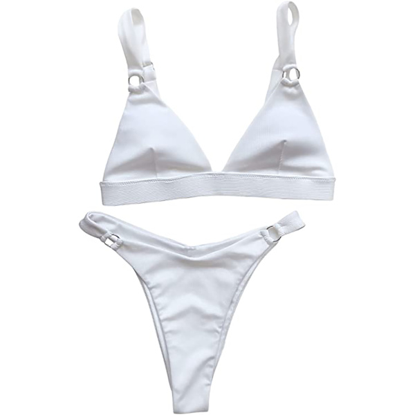 Ribbad ringdetaljerad bikini med hög hals