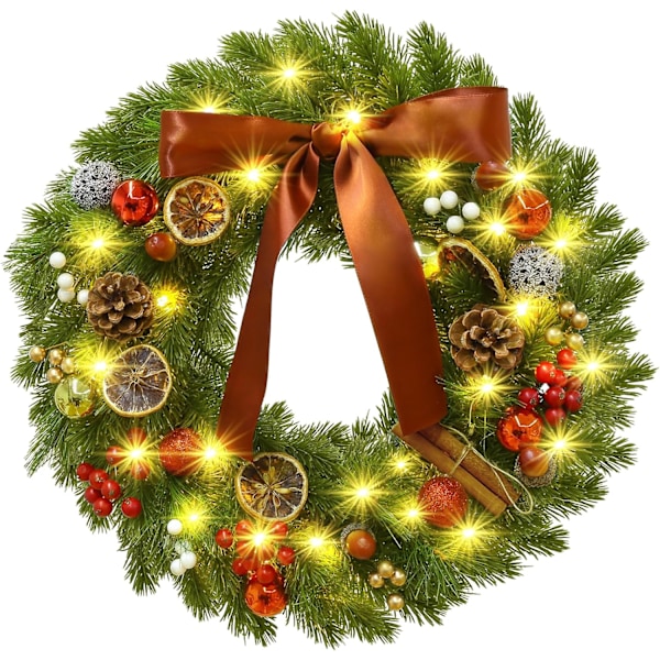 GlobaLink Front Door Christmas Wreath with Lights, 40cm, Battery Operated, 8 Modes