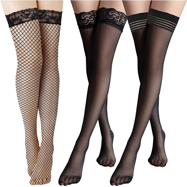 3 Par Strømper til Kvinder Sheer Lace Strømper Sheer Over Knæ Fiskenet Silke Strømpe til Kvinder Piger Sort One Size Black One size