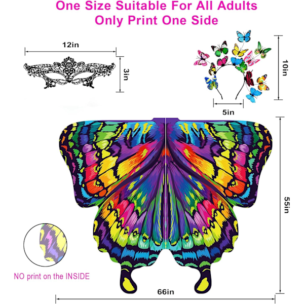 Sommerfuglevinger, fe-vinger til voksne, sommerfuglkostume lilla, halloweenkostumer til kvinder, 3-delt Butterflyscape sæt Regnbuefarver 7 Rainbow colors 7