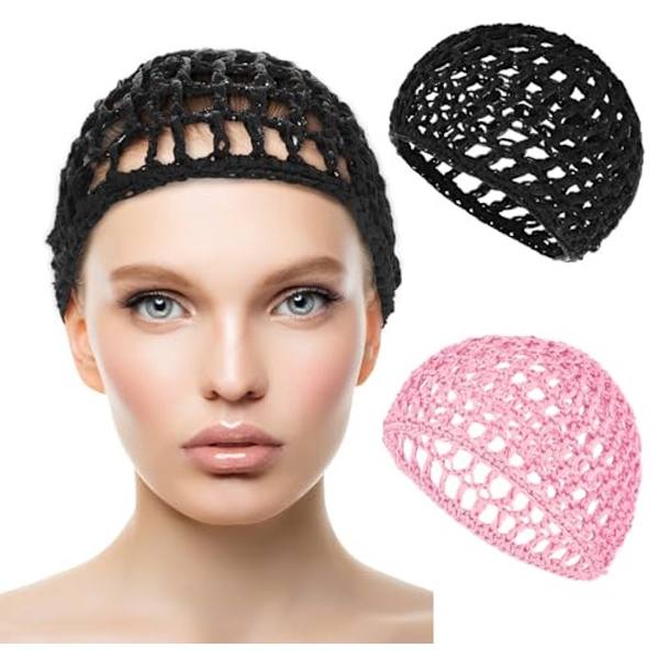 2 Hæklenethår til Sovning - Blød Genanvendelig Mesh Wrap Soveshætte til Kvinder - Silk Press & Glat Hår Soveshætte til Langt/Kort Hår - Sort+Pink