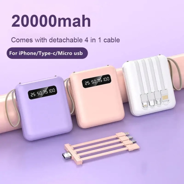 Ultra Slim Powerbank 20000mah med LED-display - Resebar powerbank för telefon - Bärbar snabbladdare - Inbyggd kabel - Powerbankar Pink B 10000mAh