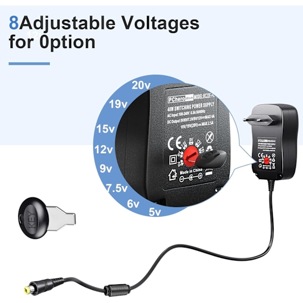 48W Universal AC/DC Strømadapter, 11 Adaptere, 5V-19V, 2.5A/4A, Mini/Micro USB, Hjemmeelektronikk 48w