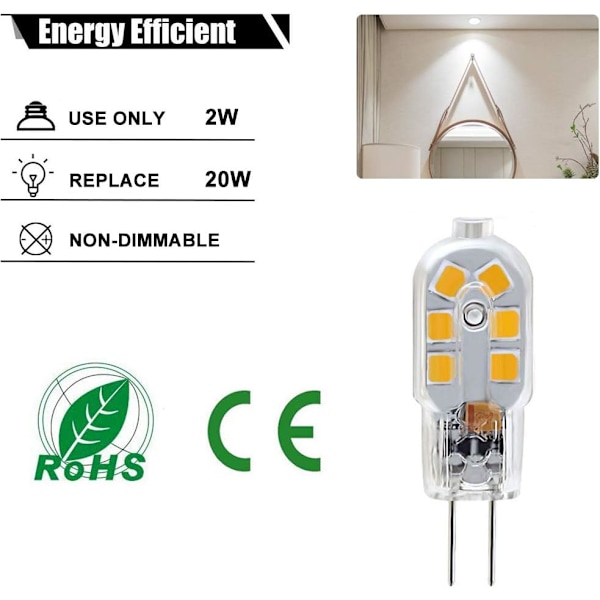 10 G4 LED-lys, 20W halogenlampe erstatning, 2W G4 dobbelt base, 12V dagslys 6000K