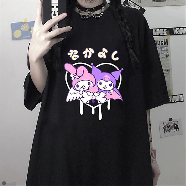 Kuromi & My Melody Anime Print T-shirt Kvinder Teenagere Sommer Kortærmet Tee Casual Løstsiddende Toppe Harajuku Tee Shirts 2XL