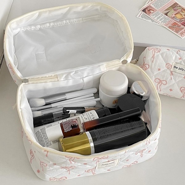 Quiltet Makeup Taske med Sløjfe - Toilettaske med Stor Kapacitet - Kosmetik Organizer Taske - Sød Makeup Taske til Kvinder og Piger A A