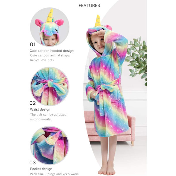 Barnbadrockar Badrocka 3D Enhörning Huva, Flickor Pojkar Fleece Mjuk Kigurumi Cartoon Morgon Hemrock Nattkläder Pyjamas Fickor B-enhörning 5 130