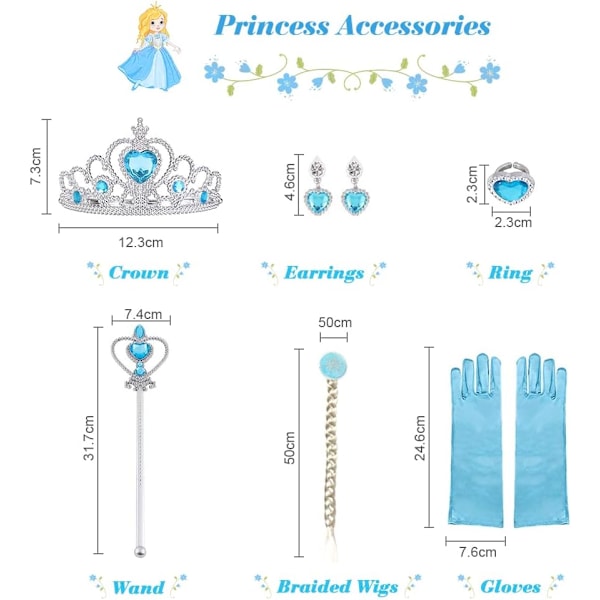 Prinsessekjole med 6 Tilbehør, Pigekostume til Fester og Halloween 110cm
