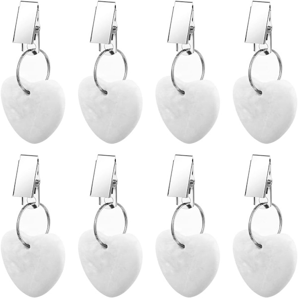 8 dukviktsklämmor - 4*4 cm, marmor & hjärtformade - för picknick, camping, bröllop - vit