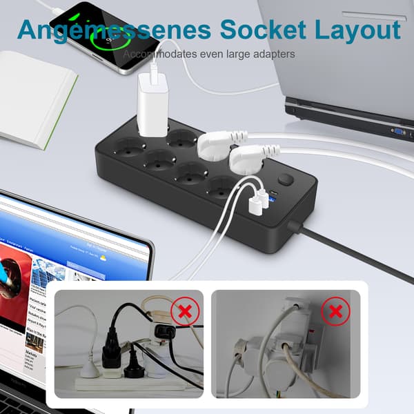 Black EU Standard USB-C Socket with 8 Outlets and 3 USB Ports