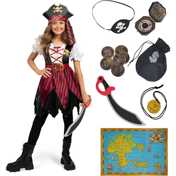 Barn Piratdragt, Buccaneer Prinsessekjole til Piger Halloween Temafest og Rollespil S (5–7 Jahre) svart-röd svart-röd