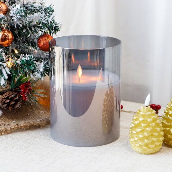 3-Wick Flameless Glass Candles - Battery Operated LED Pillar Candle with 6-Hour Timer (Grey)