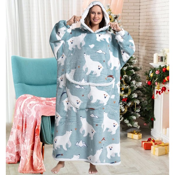 Hettegenser Oversized Sherpa Varm Vinterteppe Lengre og Tykkere Hettegenser Nattkjole Pyjamas for Menn Kvinner, Bjørn, One Size