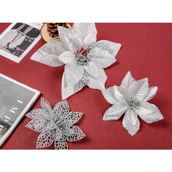 12 stk. kunstige julestjerner juleblomster glitterpynt_MGF