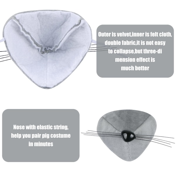 4-delt Musekostumesæt, Museøre-Hårbøjle, Musenæse, Hale og Butterfly, Musekostume Grey