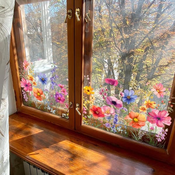 Blomsterträdgårdsfönsterdekaler, Vildblomstergräs, Lilja Pion Vallmo, för Heminredning, 30x60cm