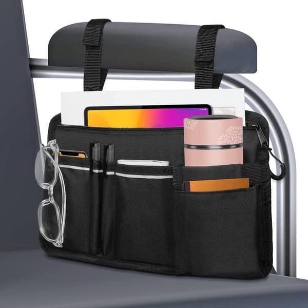 Rullestolveske, armlensoppbevaring med koppholder og refleksstripe