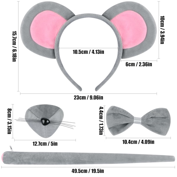4-delt Musekostumesæt, Museøre-Hårbøjle, Musenæse, Hale og Butterfly, Musekostume Grey