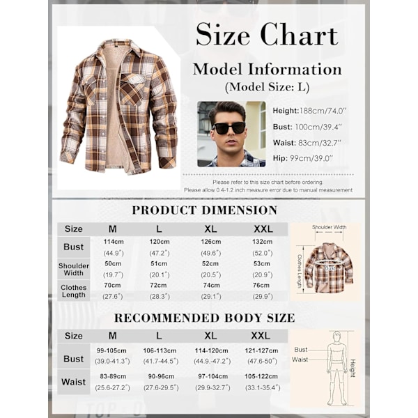 Lumberjack-paita Miesten Vuorattu Termo Flanellipaita Takki Talvi Moni Tasku Ruudullinen Takki Kaki brun XXL