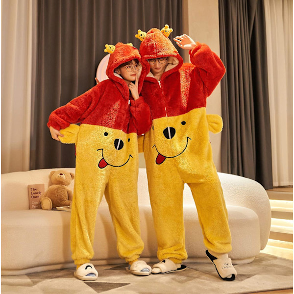 Onesies for Kvinner, Voksne, Kigurumi Onesies for Menn, Pyjamas, Fleece, Dyr, Jumpsuit, Sleepsuit, Halloween Kostyme, Jul, Cosplay og Fest Herr-Winnie2 L