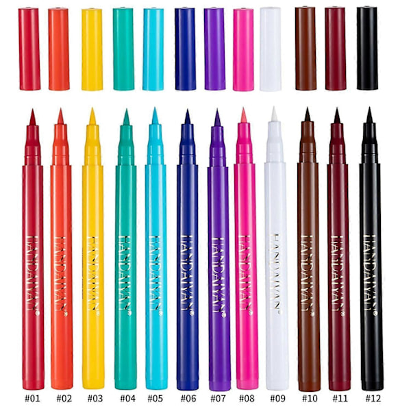 12 kpl Mattapintainen Sateenkaarenvärinen Nestemäinen Eyeliner-setti, 12 Väriä Pehmeä ja Hyperterävä Kärkiharja Eyeliner, Vedenkestävä Runsaspigmenttinen Eyeliner-kynäsetti