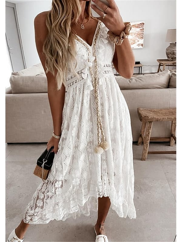 Maxikjole til kvinder, svingmodel, hvid beige, ærmeløs, tryk White_MGF White XL