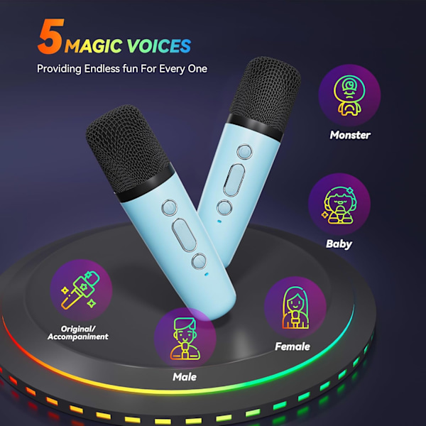 Karaokemaskin för barn och vuxna, bärbar Bluetooth Mini Karaoke Mikrofon Sånghögtalare med 2 mikrofoner och ljus, leksaker Blue