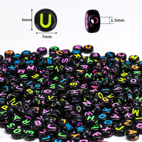 1000 kpl Kirjainhelmiä Setti, 1000 kpl Musta Tausta Fluoresoiva Kirjainhelmiä + 10m Pituus 0.7mm Elastinen Köysi Rannekorun Teossa Setti