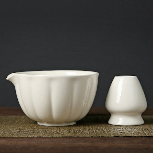 Ceramic Matcha Tea Set, inklusive Matcha Skål och Matcha Visp, 5-delars set vit white
