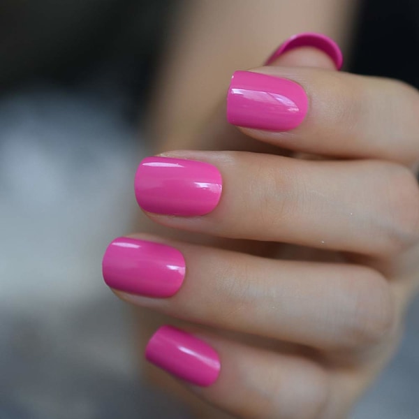 Korte Neon Falske Negl Deep Pink Rosa Kvadratisk Form Naturlig Gel Negl Kunstige Fargede Negltips med Adhesive Tabs