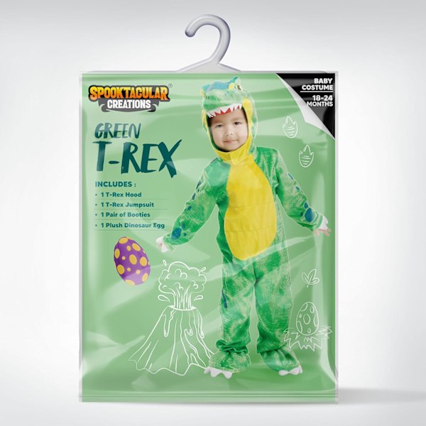 Grøn T-Rex Dinosaurie Kostume til Børn, Halloween, Godter eller Rollespil Small (5-7 yrs)