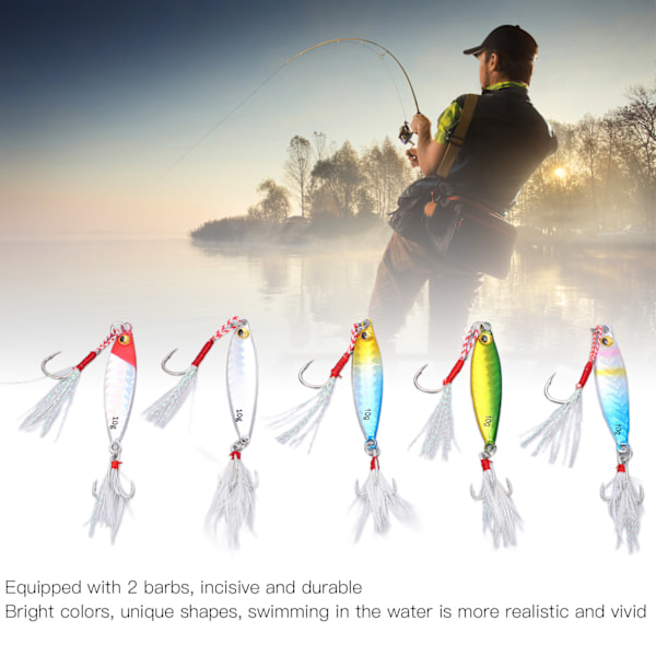 10g Jig Fiske Lure Set - 5st Metalljiggar med Fjäderkrokar för Basfiske