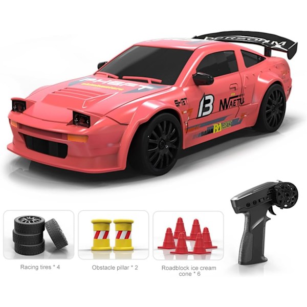 1/24 Skala RC 4WD Driftbil med Styrbare Lys, 2.4G Mini To-trins Gearskifte 15km/t Elektrisk Racerbil Model (RTR Version) Rød röd