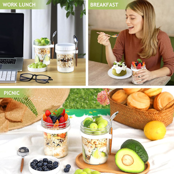 Overnight Oats-burkar, havregrynsbehållare med lock och sked, spannmålsförvaringsbehållare (vit2)