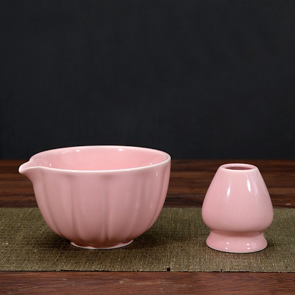 Keramisk Matcha-te, inklusive matchaskål och matchavisp, 5-delars set rosa pink