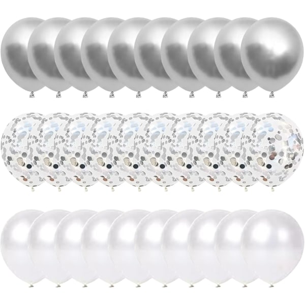 60-Piece Silver and White Balloons, 30 cm Helium Balloons for Celebrations