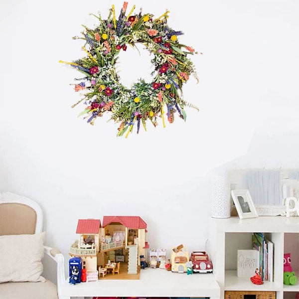Vår-Sommer Dørkrans for Inngangsdør, Kunstige Villblomster Vårkrans, Dekorativ Multifunksjonell Krans Fargerik Vår-Sommer Garland 35cm